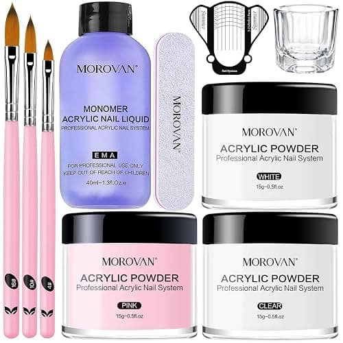 Morovan Acrylic Nail Kit: Clear Pink White Powder and Professional Liquid Set for Nail Extension - DIY at Home With Brush for Beginners | Clear, Pink, White, Powder, Nail Extension, DIY at Home, With Brush - Image 1