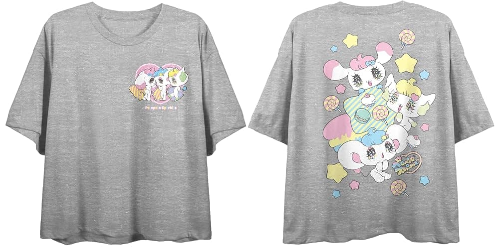 PeroPero Sparkles Group Shot with Hearts & Candies Crew Neck Short Sleeve Gray Heather Women's Crop Top - Image 1