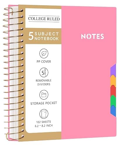 CAGIE Spiral Journal Notebooks for Work School with Removable Dividers Tabs, A5 Small 5 Subject College Ruled Notebook, Pink Journaling Notebooks for Women Men with Plastic Cover, Pink - 1.Pink - 6.2''x8.2'' - Image 1