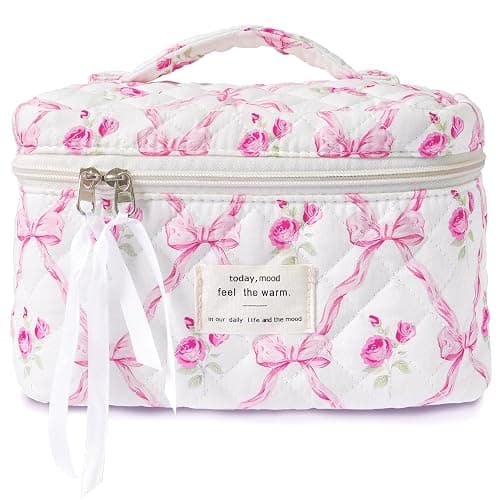 Sminra Makeup Bag Large Travel Quilted Cosmetic Makeup Bag Organizer, Floral Cotton Coquette Aesthetic Toiletry Bag for Women Girls (Pink Bow Flowers-L) - Image 1