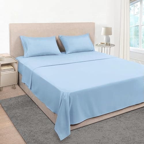 Mejoroom Queen Sheet Set - Hotel Luxury 1800 Sheets & Pillowcase Sets - Extra Soft Bed Sheets - Deep Pocket Fitted Sheet, Breathable, Wrinkle & Fade Resistant - 4 Piece (Queen,Light Blue) - Image 1