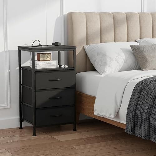 Sweetcrispy Nightstand with Charging Station, Bedside End Table with 3 Fabric Drawers, USB & Type-C Ports with AC Outlets, Adjustable Feet & Dimmable LED Light Strip, Modern Bedroom Furniture, Black - Image 1