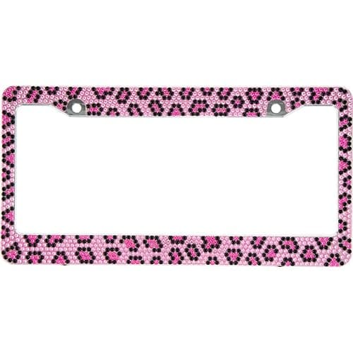 BLVD-LPF OBEY YOUR LUXURY Leopard Hot Pink/Black/Light Pink Crystal Rhinestone ABS Chrome License Plate Frame with Crystal Screw Caps - 1 Frame - Image 1
