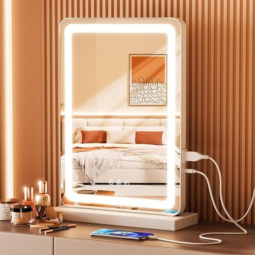 Sweetcrispy 17"x13" LED Vanity Mirror with Lights, Dimmable 3 Color Modes Makeup Mirror with Memory Function, USB Charging, Aluminum Frame, Lighted Mirror for Desk or Bedroom - Image 1