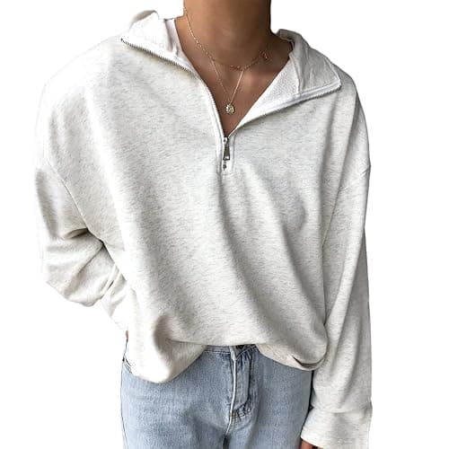 LAVASEON Womens Oversized Half Zip Lapel Sweatshirt Solid Color Casual Long Sleeve Cropped Pullover Top - Image 1