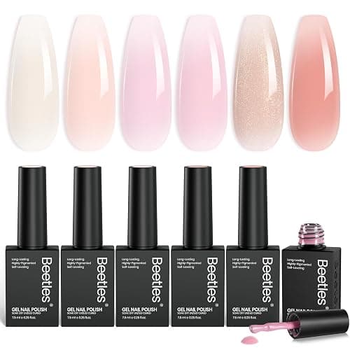 Beetles Jelly Gel Nail Polish Set, 6 Nude Pink Sheer Gel Colors Peach Juice | With Shimmer Translucent Finish For French Nail Art, Soak Off UV LED, Gift For Women - Image 1