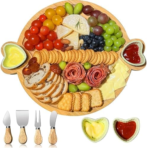 Hongsane Charcuterie Boards,Cute Bamboo Cheese Board,House Warming Gifts New Home,Wedding Bridal Shower Gift,Birthday Mother's Day for Women Mom,Round Meat Fruit Serving Tray Platter - Image 1
