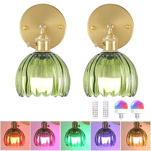 Set of 2 Battery Operated Wall Sconce, Rechargeable Wall Lamp with Remote Control & 12 RGB Colors - 3 Adjustable Color Temperatures, Dimmable Wireless Wall Lights for Bedroom Bathroom (Green Tulip) - Image 1