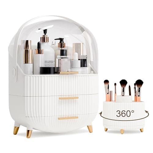 lurcns Makeup Organizers and Storage Make up Organizer for Vanity Cosmetics Skincare With Lid and Drawers Display Cases for Countertop Bathroom Women Teenager Girl Gifts(White+Brush Holder) - Image 1