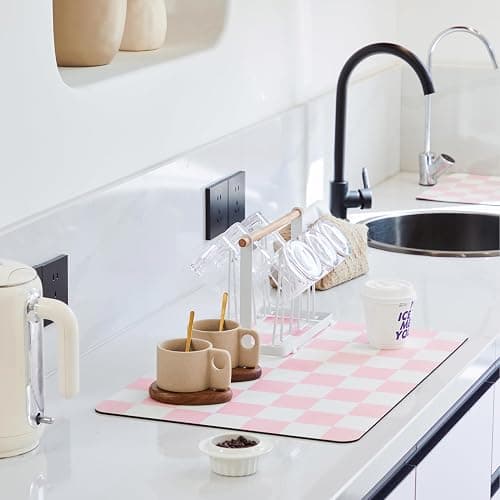 Ohocut Checkered Dish Drying Mat for Kitchen Counter, Coffee Bar Station Accessories, Retro Cute Aesthetic Girly Women Modern Absorbent Drainer Mat Kitchen Drying Mat Easy Clean, Pink 12" x 19" - Image 1