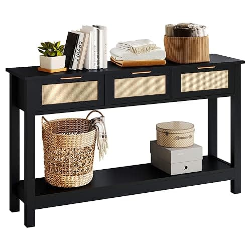 Luoxiao Entryway Console Table with 3 Rattan Drawers - Long Sofa Table Behind Couch Modern Fluted Hallway Living Room Storage Cabinet, Entry Table Open Shelf Foyer Furniture, Anti-Tip, Black, 47 Inch - Image 1