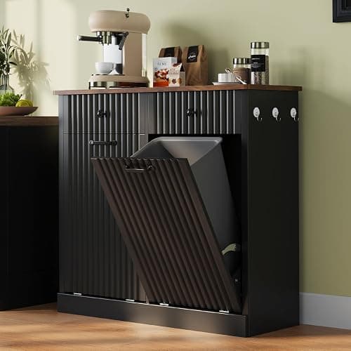 VKUCI Double Tilt Out Trash Can Cabinet, 20 Gallon Fluted Laundry Hamper Cabinet with 2 Drawers, Wooden Hidden Garbage Can Cabinets for Kitchen, Living Room, Without Trash Bin or Laundry Hamper,Black - Image 1