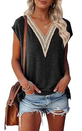 MEROKEETY Women's Boho Cap Sleeve Lace Trim V Neck Tops 2026 Summer Casual Loose Beach Vacation Tee Shirts Blouse - Image 1