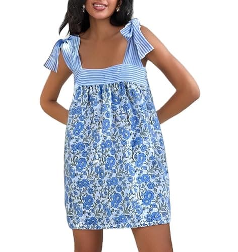 Women Floral Tie Shoulder Mini Dress Cute Square Neck Loose Fit Beach Short Dress Backless Boho Vocation Sundress - Image 1