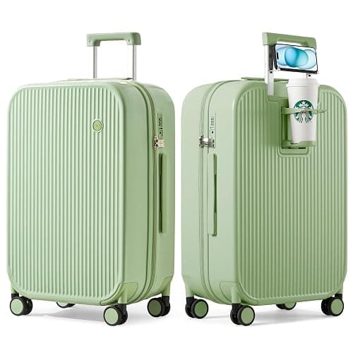 mixi Luggage with Cup Phone Holder Hard Shell Rolling Travel Suitcases with Spinner Wheels, Avocado Green, 26-inch - Image 1