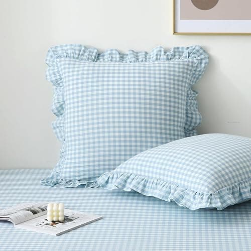 K MASANIJI 2 Pack Light Blue White Plaid Ruffle Gingham Euro Pillow Shams 26x26 inches, 100% Cotton Checkered Farmhouse Decorative Bed Pillow Covers(26x26 in, Light Blue/White Plaid) - Image 1