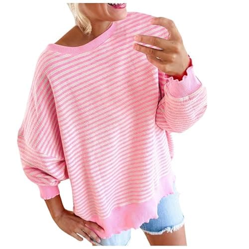 Therubyskyboutique Women Cozy Striped Oversized Sweatshirt,Long Sleeve Crewneck Hoodies PulloverY2K Shirt Top - Pink - X-Large - Image 1