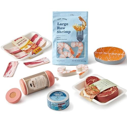 Tiny Land Organic Play Food Set - 6PCS Wooden Seafood & Meat Toy Set for Kids, Pretend Grocery for Kitchen Play, Montessori Toy Gift - Image 1