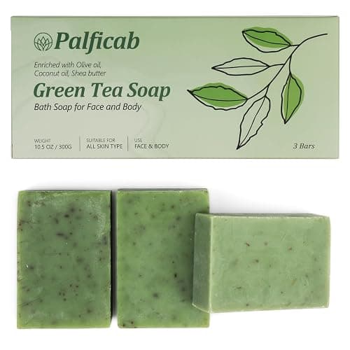 PALFICAB Green Tea Soap, Moisturizing Bath Soap Bars, Cruelty-Free, Gentle Exfoliating for Hydrating & Nourishing Skin with Green Tea Leaves, Coconut Oil, Shea Butter, Gifts for Women Men, 3 Bars - Image 1
