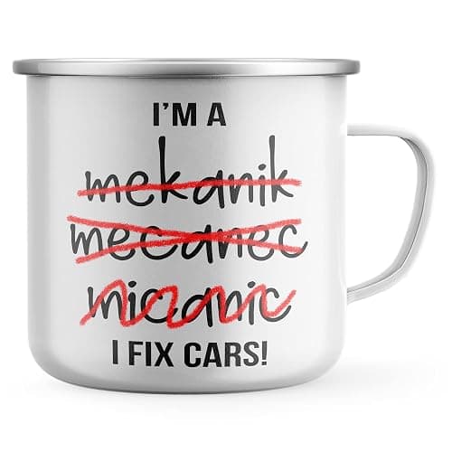 Purple Print House Funny Mechanic Enamel Mug, I Fix Cars Bad Spelling, Mechanic Gifts for Him, Dad Grandad Birthday Automotive Gift, Car Garage Metal Coffee Cup for Hiker, One Size, White - Image 1