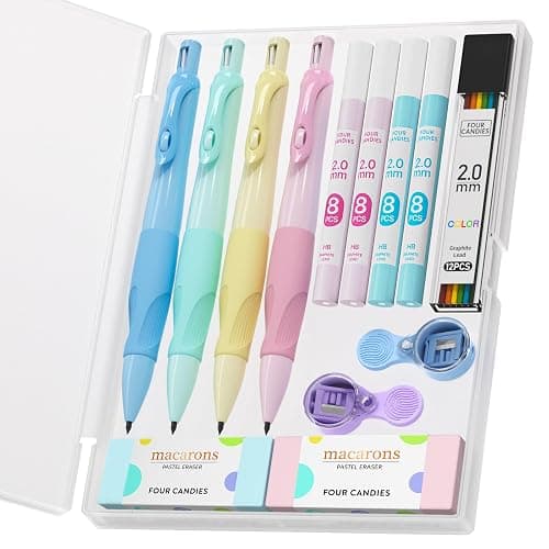 Four Candies 4PCS Thick Barrel Mechanical Pencil with Comfort Grip, 2.0MM Ergonomic Mechanical Pencil with 44PCS Lead Refills, 2PCS Sharpeners/Erasers, Aesthetic School Supplies for Writing Drawing - Image 1