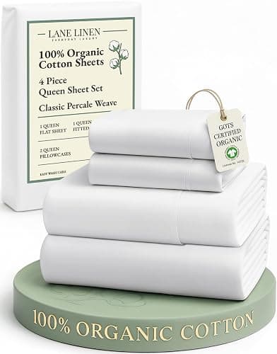 LANE LINEN Eco Friendly 100% Organic Cotton Queen Sheet Set, Soft & Comfy Fully Elasticized 15" Deep Pocket Bed Sheets, Low Pill Naturally Cooling Machine Wash Sábanas Queen- White Bed Sheets - Image 1