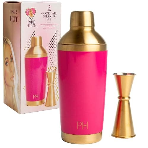 Paris Hilton 2-Piece Cocktail Shaker Set, Double Wall Insulated Stainless Steel Mixer with Built-In Strainer and Double-Sided Jigger, 20-Ounce, Gold and Hot Pink - Image 1