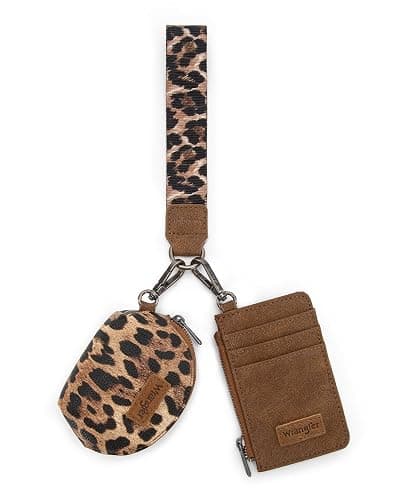 Montana WestxWrangler KeyChain Wristlet Wallets for Women Western Dual Pouch Wristlet Embroidered Boot Scroll Card Holder Wallet With Zipper, Leopard Brown, Western - Image 1