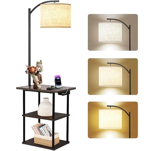 PESRAE Floor Lamp with Table, End Tables with Charging Station(USB & Type-C & AC Port), 3 Color Temperatures 9W LED Bulb, Modern Shelves Side Table for Bedroom, Living Room - Image 1