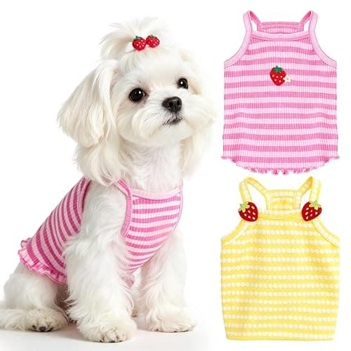 UETZLTB 2 Pack Dog Shirts for Small Dogs Cute Girl Dog Clothes Strawberry Stripe & Polka Dot Puppy Tshirt Summer Sleeveless Pet Tank Top Breathable Doggy Outfits Cat Chihuahua Yorkie Shih Tzu Clothes - Image 1