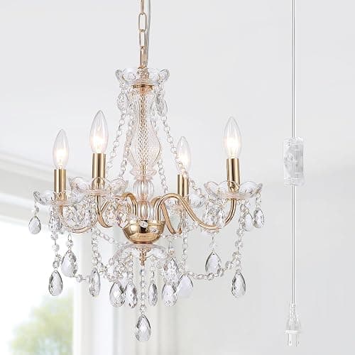 AMZASA Plug in Crystal Chandelier,French Country Gold Crystals Chandelier Pendant Lighting, 5 Light Glass Crystal Light for Living Room, Wedding, Island, Bedroom, Hallway,Foyer,Electroplating - Image 1