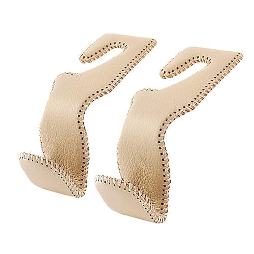 AMVOYOA Headrest Hooks for Purses and Bags, Car Back Seat Headrest Hanger Vehicle Beige Leather Storage Hook, Pack of 2 - Beige - Image 1