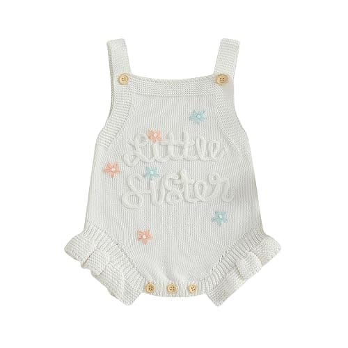 Amnnchya Newborn Baby Girl Sweater Romper Little Sister Matching Outfit Floral Ruffle Sleeveless Knit One Piece Jumpsuit - Image 1