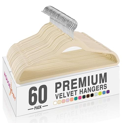 HOUSE DAY Beige Velvet Hangers 60 Pack, Non Slip Clothes Felt Hanger Heavy Duty for Coat, Premium Slim Space Saving Suit Hangers for Closet Organizer, 360° Rotating Silver Hook - Beige - 60 Pack - Image 1