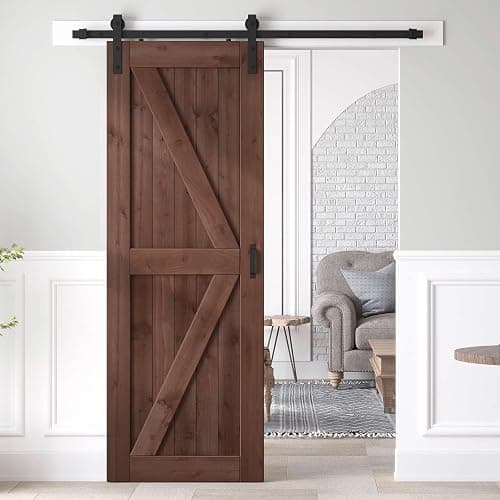 ROYMELO 32x84 inch Sliding Barn Wood Door Slab with 5.5ft Hardware Kit and Handle, Coffee, K Shape, Simple DIY Assembly - Image 1