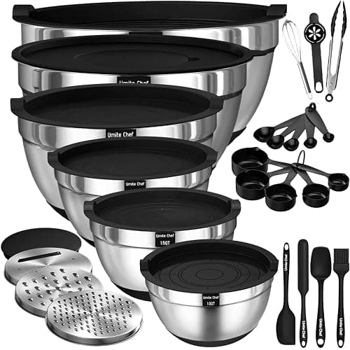Umite Chef Mixing Bowls with Airtight Lids, 26Pcs Stainless Steel Bowls Set, 3 Grater Attachments & Black Non-Slip Bottoms Size 7, 4, 2.5, 2.0,1.5, 1QT, Great for Mixing & Serving - Image 1