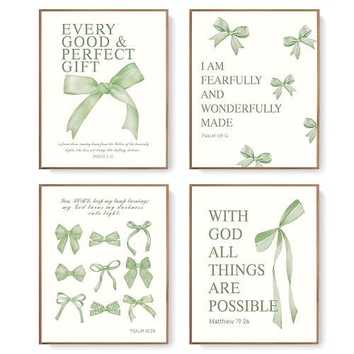 LARTSFRO Coquette Sage Green Bow Wall Art Decor Posters, Sage Green Bow Room Bedroom Bathroom Dorm Wall Art Decor Aesthetic for Teen Girls Gifts, Inspirational Bible Verses Bow Wall Decor, 10x8 Inch Set of 4 Pcs Bow Pictures (UNFRAMED) - Image 1