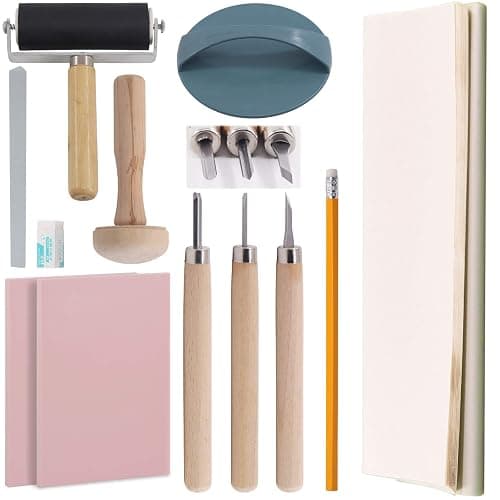 Rustark 42Pcs Rubber Stamp Making Kit, Printing Starter Tool Kit with Carving Knives,Rubber Carving Blocks,Ink Brayer Roller,Tracing Paper and More for Printmaking, Sculpting, Stamping - Image 1