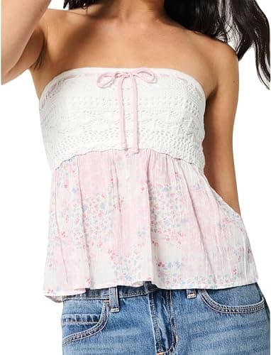 Anoumcy Summer Cute Floral Print Tube Tops for Women 2025 Trendy Flowy Bandeau Crochet Babydoll Top Y2k Going Out Peplum Tops - Image 1