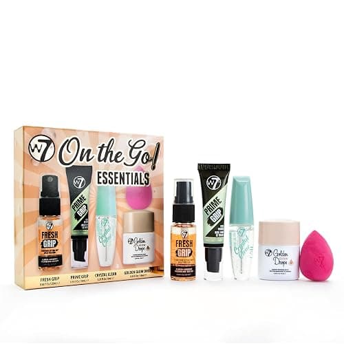W7 On the Go Essentials Set - Mini Makeup Must-Haves with Primer, Setting Spray, Mascara, Golden Glow Bronzing Drops & Beauty Sponge - Travel or Handbag Size Essentials - Image 1