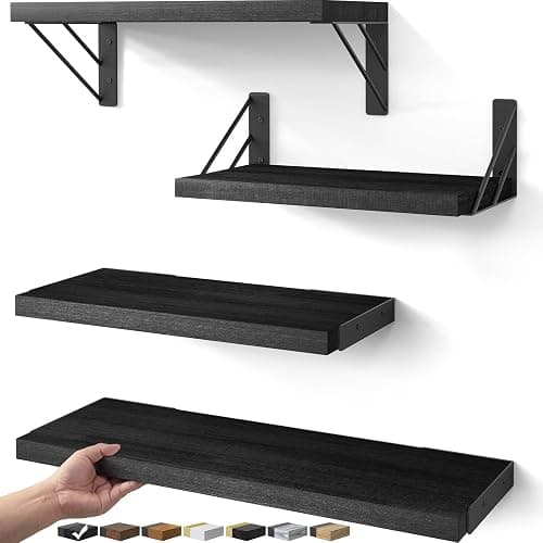 BAYKA Wall Mounted Floating Shelves, Wood Floating Wall Shelf for Books & Decor, Small Space-Saving Display & Organizer(Black,Set of 4) - Image 1
