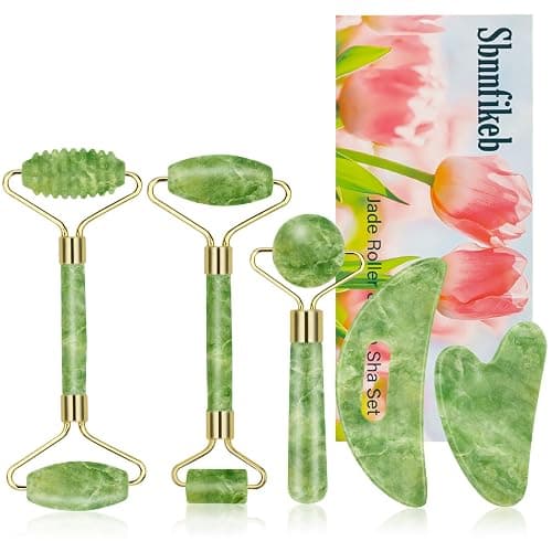 Sbnnfikeb 5Pcs Jade Roller & Gua Sha Facial Tool Set, Natural XiuYan Stone Face Roller and Gua Sha Board Kit, Portable Manual Skincare Massage Tools for Full Body Relax, Self-Care Gift for Women - Image 1