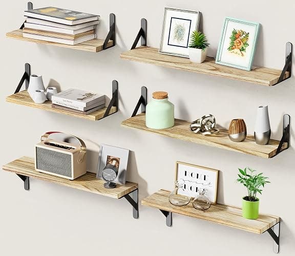 AMADA HOMEFURNISHING Long Wall Shelves, Rustic Farmhouse Style, Wood Floating Shelves for Wall Decor, Bathroom & Bedroom Storage, Living Room Book Shelves, 6pcs - Image 1