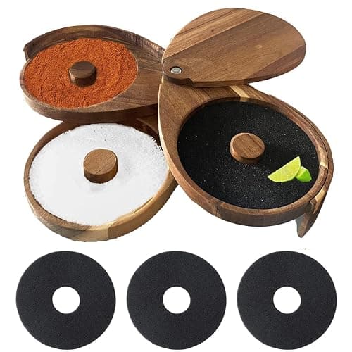 Hfpengzan Margarita Salt Rimmer Set, 3 Tier Bar Glass Rimmer Brown Bamboo Sugar and Salt Rimmer Box with 3 Sponges for Manhattan Drinks Bar Party Accessories Cocktail Bartender Tool - Image 1