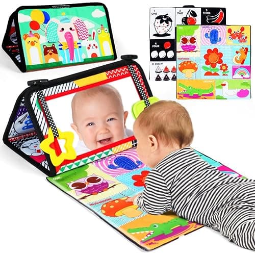Aolso Tummy Time Mirror & Sensory Toys - High Contrast Newborn Baby Mirror with Crinkle Cloth Book & Teether, Montessori Toys 0-12 Months - Image 1