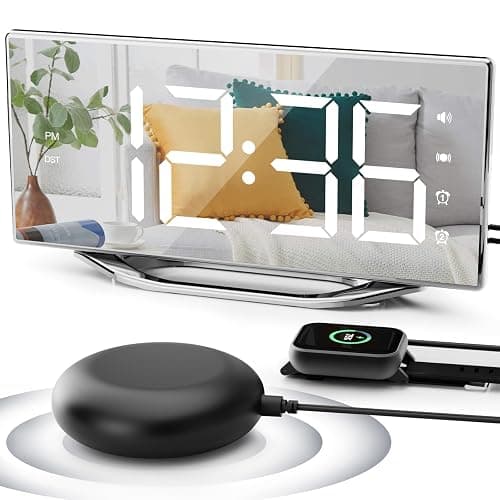 Extra Loud Vibrating Alarm Clock with Bed Shaker for Deep Sleepers Adult Hearing impaired Deaf, Dual Alarms Digital Clock for Bedroom,8.7'' Large Mirror LED Display,USB Charger,Battery Backup,Dimmable - Image 1