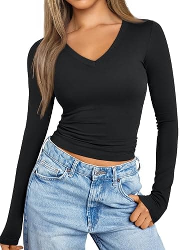Trendy Queen Long Sleeve Shirts for Women 2025 Fall Fashion V Neck Basics Crop Tops Slim Fitted Y2K Tops Outfits Clothes - Image 1