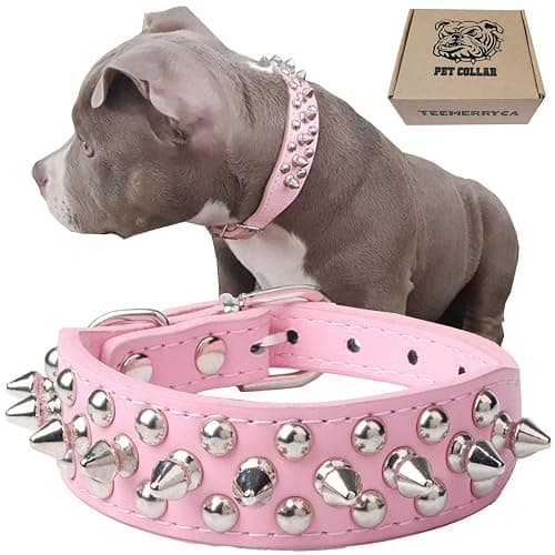 TEEMERRYCA Adjustable Leather Spiked Studded Dog Collars with a Squeak Ball Gift for Small Medium Large Pets Like Cats/Pit Bull/Bulldog/Pugs/Husky, Pink, L(15"-18.5") - Image 1