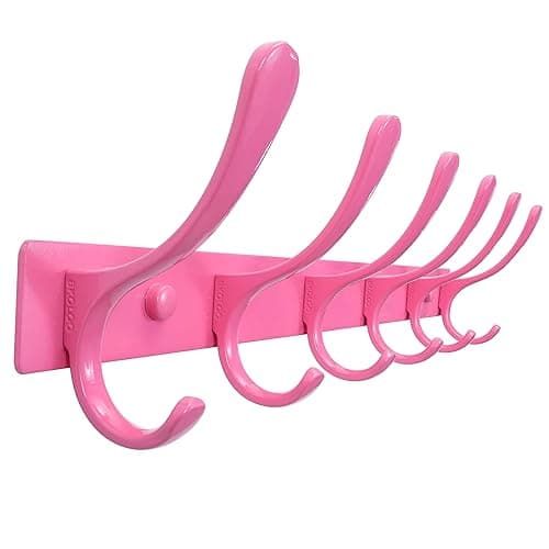 SKOLOO Coat Rack Wall Mounted - 6 Hooks, Heavy Duty, Stainless Steel, Metal Wall Hangers, Sturdy Coat Hooks for Hanging Coats, Jacket, Clothes, Hat, Pink - Image 1
