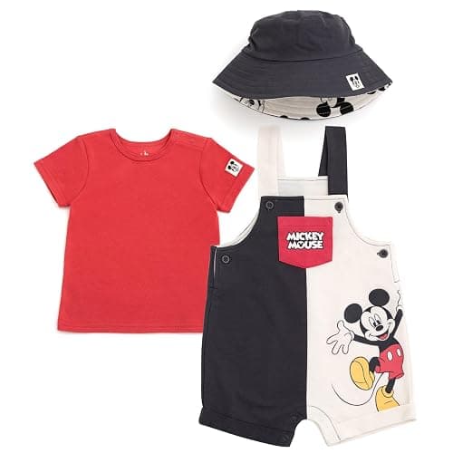 Disney Baby French Terry Short Overalls, T-Shirt and Hat 3 Piece Outfit Set Newborn to Infant Sizes (0-24 Months) - Image 1